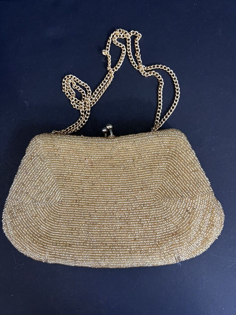 Vintage Gold Seed Beaded Clutch or Chain Handle Evening Handbag M/I Korea